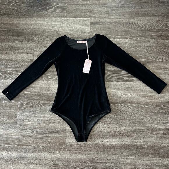 NWT Traffic People Black Velvet Bodysuit Sz XS Long Sleeve Scoop Neck One Piece - Picture 6 of 14